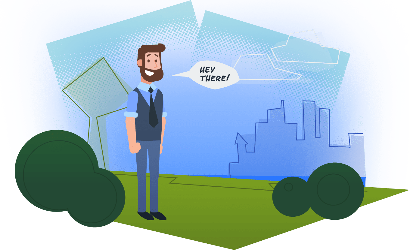Illustrated drawing of an IT tech outside saying "Hey There" - SAVIAN - Illustrators in Edmonton